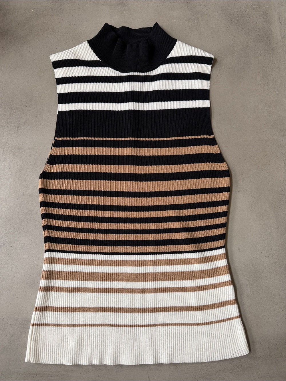 Express Brand Striped Knit Mock Neck Shell in Black, White & Tan